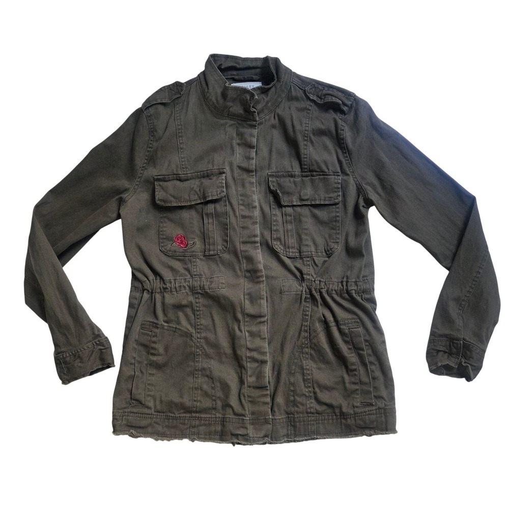Olive Green Military Utility Jacket Rose Embroidery Medium Boho Cargo Field Coat